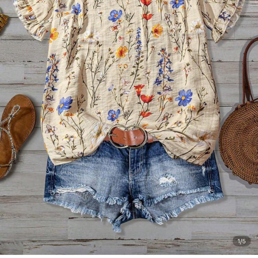 Red and Blue Floral Tie Front Blouse with Short Sleeves
